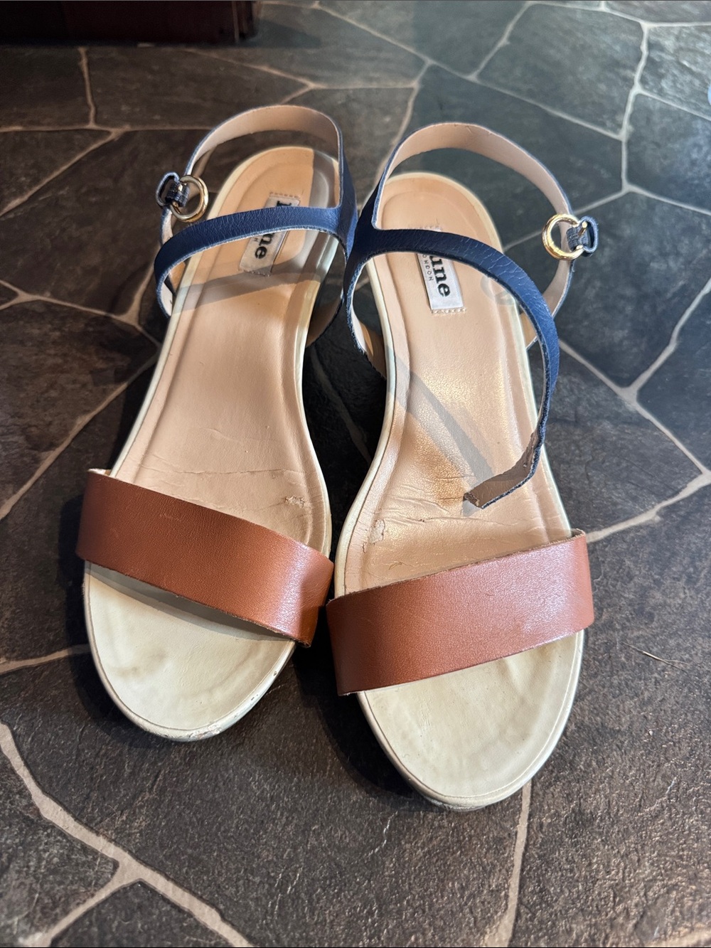 Dune London Brown and Navy Leather Slingback Sandals